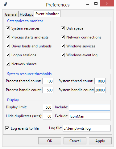Event monitor preferences